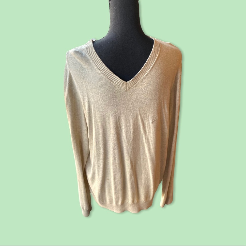 Nautica Men’s VNeck Luxury Performance Beige Sweater - Medium